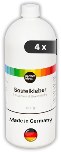 perfect ideaz 4 x 1000 g (4 x 1 kg) hobbylim, transparent lim, utan lösningsmedel, går bort i tvätten, flytande, genomskinligt, vattenlösligt, snabbtorkande, skol- och hobbylim