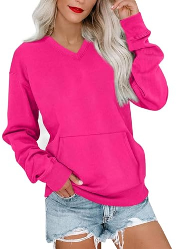 Dammössa med huva och fickor, enfärgad bekväm ledig överdimensionerad sweatshirt ingen huva för vår höst vinter, Rosa (Hot Pink), M
