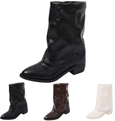 Botines para mujer con tacón elegante – Botas de tiburón con tacón de bloque Fold Over Botines en punta hasta la rodilla Botas largas de piel sintética Botas de tacón alto cómodas para mujer, Negro