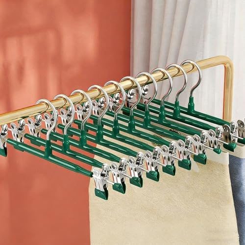 10Pack Trouser Hangers -Skirt Hangers with Adjustable Non Slip Clips Strong Chrome- Space Saving Pant Hangers,Heavy Duty Metal Hangers for Shorts Jeans Trousers Clothes Hangers (Green, 10PCS)