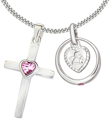 Clever Schmuck Set 2 Silberne Anhänger Kreuz mit Zirkoniaherz pink 22 mm + Taufring Engel mit Stein rosa 12mm + Kette Panzer 36 cm STERLING SILBER 925 im Etui rosa