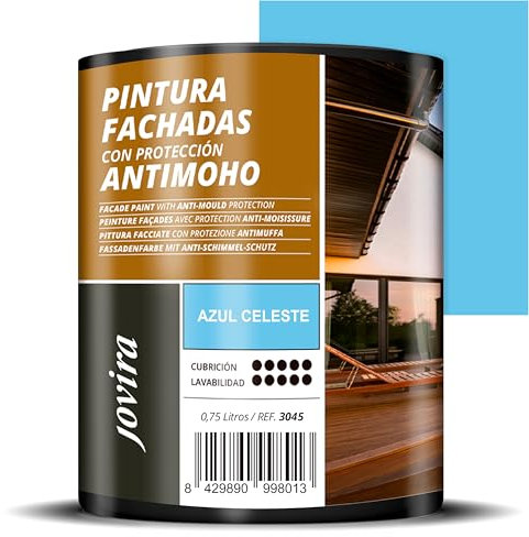 JOVIRA PINTURAS PINTURA FACHADAS ANTIMOHO. Repelente al agua, impermeable y anti fisuras. (750 Mililitros, Azul Celeste)