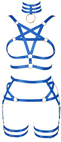 BBOHSS - Body Harness con cintura, reggicalze e pentagramma sul petto, punk, gotico, adatto per Halloween e carnevale, elastico, blu reale, Taglia unica