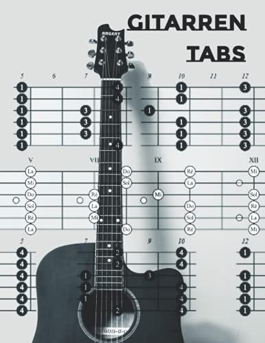 Gitarren Tabs: Tabulatur Block mit 8 Tabulator Zeilen pro Seite, 6 Gitarren Akkorddiagramme pro Seite - 120 Seiten