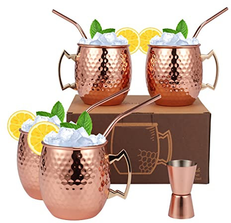 Moscow Mule Mugs Set of 9-20oz Hammered Moscow Mule Mugs Drinking Cup 304 Stainless Steel with 4 Straws-1 Jigger-Great Dining Entertaining bar Gift Set Mug Set of 4 (double jigger included)