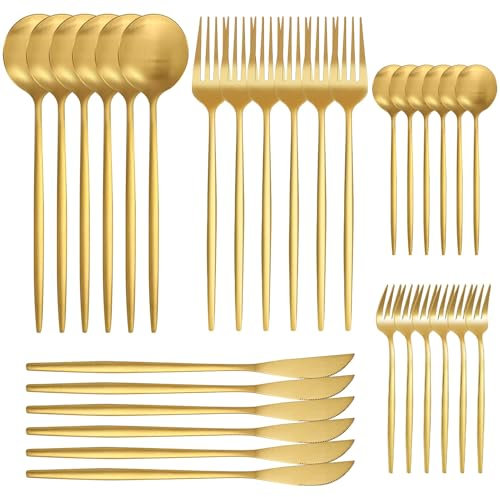 AIBAOBAO 30 teilig Besteckset für 6 Personen, Besteckset, Besteck aus Edelstahl mit Messer Gabel Löffel, Gold Besteck Set, Gabeln, Löffel, Kuchengabeln, Tee-/ Kaffeelöffel Essbesteck