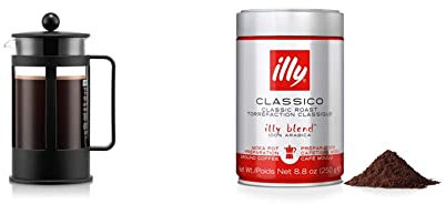 BODUM Kenya 3 Cup French Press Coffee Maker, Black, 0.35 l, 12 oz & illy Coffee, Classico Ground Coffee for Moka Pots, Medium Roast, 100% Arabica Coffee Beans, 250g