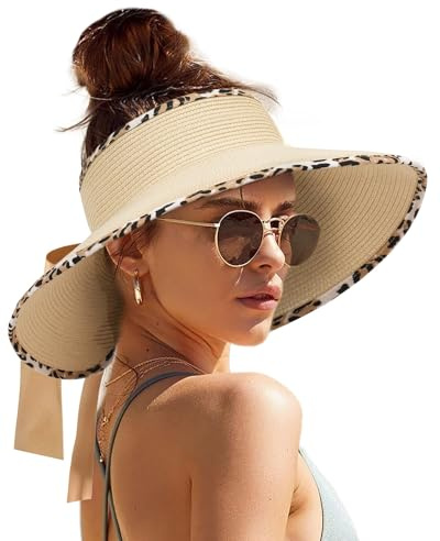 Camptrace Sun Visors for Women Wide Brim Beach Hat Foldable Straw Visor Hat Ponytail Summer Packable UPF 50+