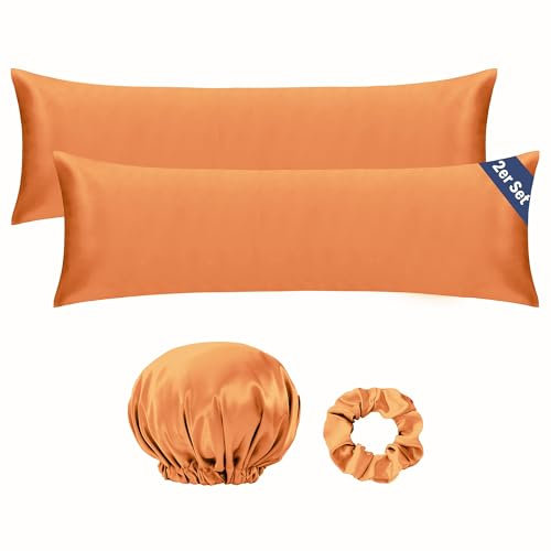 Seiwohl Seitenschläferkissen Bezug 40 x 145, 2er Set Satin Seitenschläfer Kissenbezug 40x145 cm Langes Kissen Seitenschläferkissenbezug für Stillkissen, Orange, mit Haargummi und Haarhaube