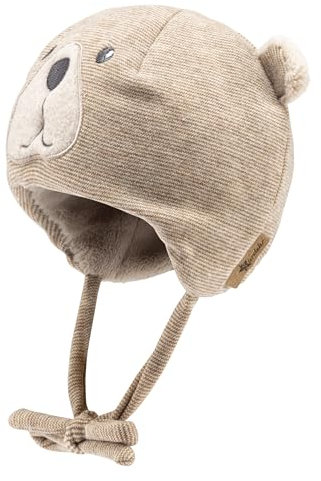 Sterntaler Mütze mit feinem Streifen und Applikation Bär - Jungen Beanie mit Ohrenklappen und Bindeband - warme Babymütze aus Mischgewebe, gefüttert mit Teddyflausch - rost, 39