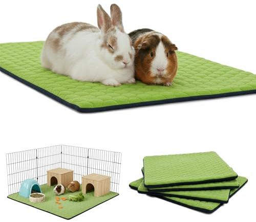 NEO SOLVO Set om 4 – fleecematta för marsvin och kanin, 60 x 120 cm, grön med separat tunnelfilt, absorberande och vattentät, bur och inhägnad