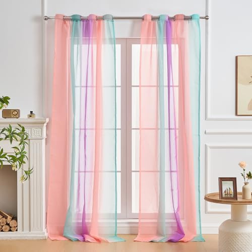 NETMEO Girls Room Curtains 2 Panels, Gradient Color Sheer Curtains, Girls Children Curtains, Theme Room, Living Room Light Filter(Pink Green Purple, W52×L63×2P)