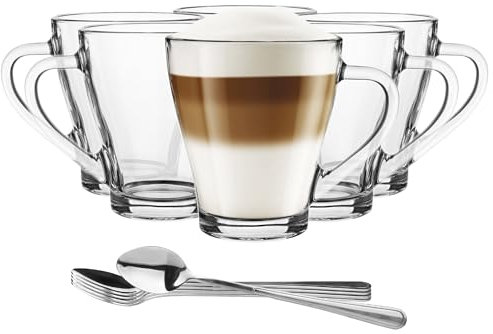 Glasmark KROSNO 1992 Juego De 6 Tazas De Café Latte Con Asa 360 ml Vidrio Transparente Vasos de Capuchino Latte Macchiato Té Resistente Al Calor Con Cucharillas
