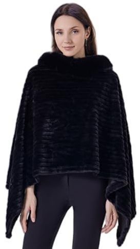 Miaikvs Poncho Cape Tricoté De Femme Pull-Over avec Col en Fourrure Poncho Wrap Châle(Noir)