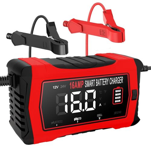 HTRC Caricabatterie Auto 16A, 6V/12V/24V Carica Batteria per Auto, Carica batteria Intelligente con Schermo LCD 4 Modalità per Barche SUV Moto Litio, LiFePo4 e Piombo Acido(AGM, GEL, MF, EFB, SLA)