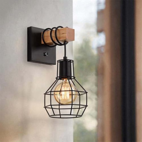 AoLa VäGglampa Inomhus Vintage VäGglampa Med Dimbar StröMbrytare Svart Industriell Retro Lampa E27 Trä Metallbur VäGgspot FöR Sovrum Hall Restaurang Bar Café (Utan GlöDlampa)