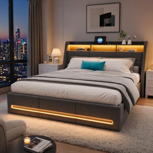 DADEA Bagagesäng 140 x 190 med sängbord, vadderad dubbelsäng med LED-belysning och USB-laddning, LitCapiton LED-sängram med sänggavel, 2 personer, LED, vuxen, med grå förvaring