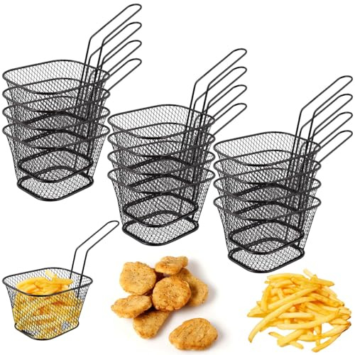 12 stycken pommes-korgar, små stekkorgar i rostfritt stål, miniserveringskorgar med handtag, pommes frites-korg, pommesgaller, fritöskorgar till grytan för pommes räkor, frites (svart)