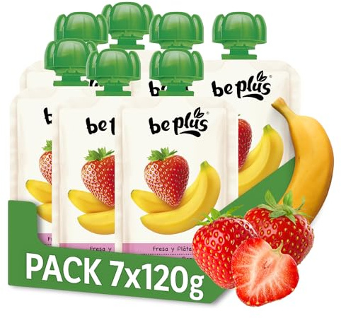 Be Plus Fresa y Plátano 7x120g – Puré de Frutas para Bebés desde 4 Meses – Sin Azúcares Añadidos – Fuente de Vitamina C – Snack Infantil Natural – Pack Ahorro