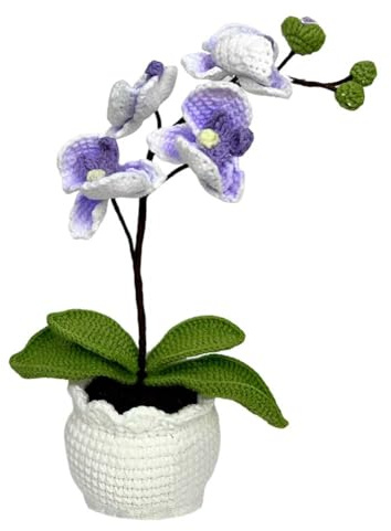 Magicherry Orchidée phalaenopsis Artificielle tricotée à la Main avec Pot Exquis pour la Maison, Le Bureau, la décoration de Table de Mariage, Violet