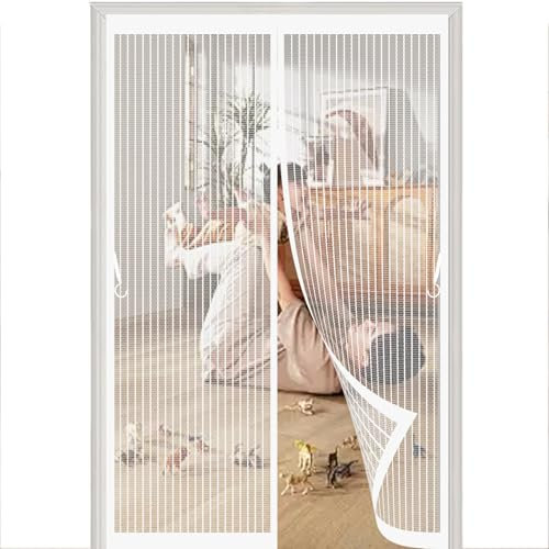 Fliegengitter Magnetvorhang 115 x 285 cm Anpassbar, Lichtdurchlässig, Einfache Montage, Selbstschließend, Magnete für Fliegengitter für Fenster, Zimmertür, Veranda, Weiß