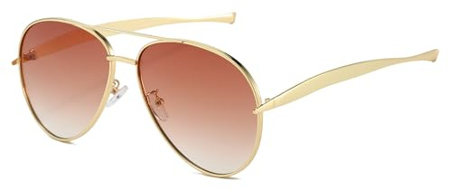 LJCZKA Gafas de Sol Piloto Grande para Mujer Hombre, Años 70 Doble Puente Gafas de Sol Vintage Marco Espeso Metálico Protección UV400 (Oro Gradiente Marrón)