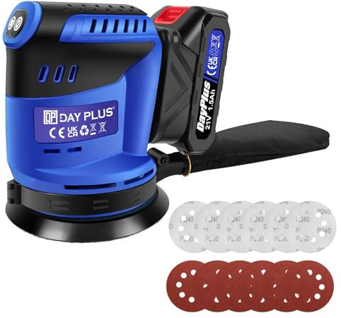 Cordless Random Orbital Sander with 1500mAh Rechargeable Battery and Charger, 3 Various Speeds, 7000/9500/11000 RPM, Portable Lightweight Sander with 12Pcs Sandpaper, Blue