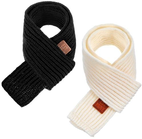 2Pcs Warm Kids Winter Knit Scarves, Soft Knitted Neck Warmer Toddler Scarf, Child Warm Scarves Wrap for Boys Girls, Kid Christmas New Year Gifts, Winter Cold Weather Boys &Girls Scarf (Black, Beige)