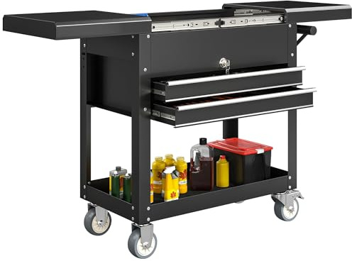 HOMCOM Carro de Herramientas con Ruedas, Carro de Taller Móvil con Tapa Deslizante, 2 Cajones con Cerradura, Bandeja, Caja de Herramientas de Acero, para Taller, Garaje, Negro