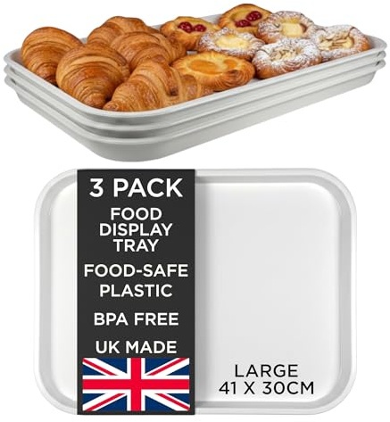 Chabrias Ltd (3 Pack) Large White Plastic Food Display Trays 41×30cm - BPA-Free Food-Grade Butcher & Deli Counter Trays, ABS Plastic for Cafés, Bakeries & Catering - Made in UK - 3 Pack, Large, White