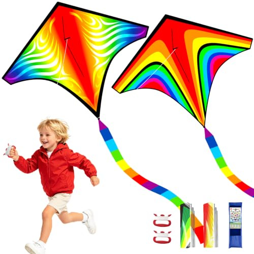 2 Pack Kids Kite-Rainbow Kites Beach Toys for Kids Easy to Fly and Carry | Large Kites with String/Bag/Rods, Great for Beach Trip Park Outdoor Garden Family Activities Games Gifts for Boys Girls