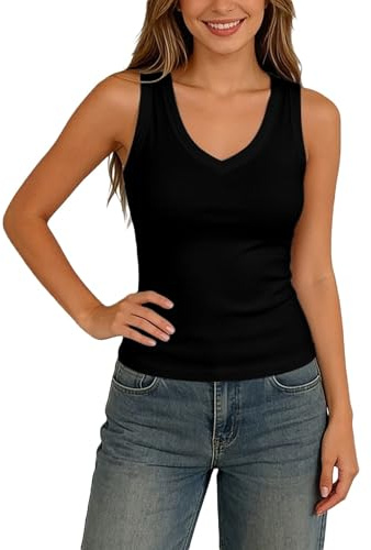 Générique Débardeur Femme Camisole à Bretelles Fines Sleek Rib Knit Tank Top for Slim Fit Sleeveless Knitwear Casual Everyday Wear Sleeveless Crew Neck Apparel (Black, XXL)