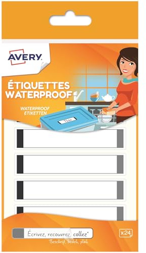 AVERY - Sachet de 24 étiquettes autocollantes auto-plastifiées grises - Résistantes au lave vaisselle et au four micro ondes - Format 86 x 17mm