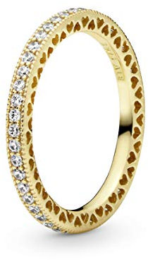 PANDORA Funkeln und Herzen Ring aus 14 Karat vergoldeter Metalllegierung mit Zirkonia - kombinierbar mit Schmuck Signature Kollektion - Größe: 54