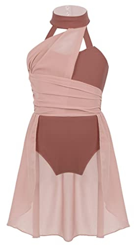 iiniim Vestido de Danza Lírica para Niña Maillot Ballet Irregular con Falda Cuello Halter Leotardo Ginmasia Body de Danza Traje de Bailarina Dancewear A Marrón 10 años