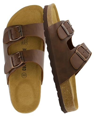CUSHIONAIRE Lane Cork Footbed Womens Sandals Comfortable Double Buckle Slip On Sandals for Women with Arch Support and Classic Two Strap Design, BROWN 8