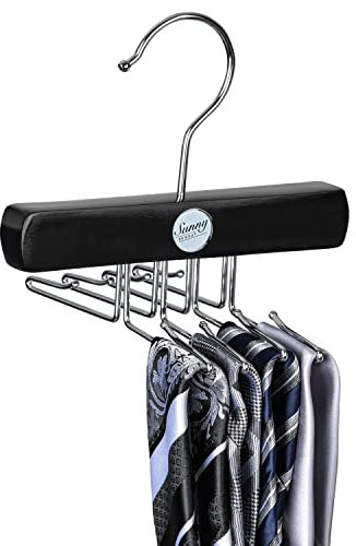 SUNNY SUNDAY ® Kleiderbügel Holz, Krawattenhalter Bügel, Schrank Organizer Aufbewahrung für Krawatten Schals Tücher, platzsparend (Schwarz)