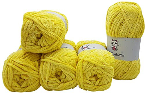 5 x 100 Gramm Ilkadim Chenille Metallic Strickwolle, Babywolle mit Glitzer, 500 Gramm Wolle Super Bulky (gelb 820-14)