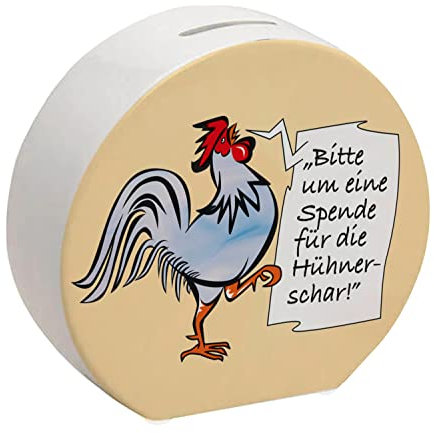 Spardose mit Hahn Motiv in blau zum Thema Trinkgeld und lustigem Spruch schöne Sparbüchse als Geschenk für Sparfüchse die Hühner mögen und eine Hühnerschar auf dem Bauernhof haben
