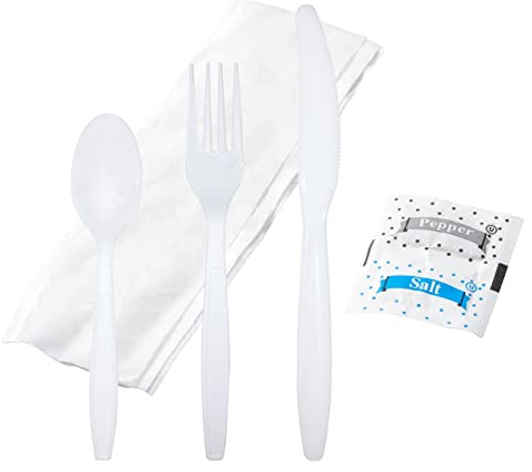 Bulk Heavy Weight Cutlery Individually Wrapped White Plastic Cutlery Knife, Spoon, Fork Pack with Napkin and Salt and Pepper Packets - Extra Strong & Resistant