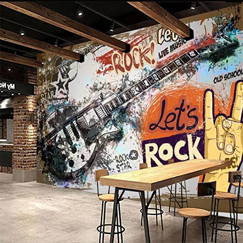 Graffiti Guitarra Rock Tema Pared Papel 3D Music Bar Ktv Decoración Industrial Fondo Mural Papel Pintado 3D no tejido Pared Pintado Papel tapiz 3D Decoración dormitorio sala sofá mural-200cm×140cm