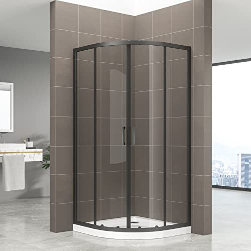 TIBYBLACK Cabine de douche noire 1/4 de cercle coulissante H.190 cm verre transparent 100 x 100 cm