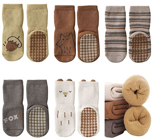 FedMois Pack de 5 Calcetines Térmicos Invierno de Algodón Antideslizantes para Bebé Niño Niña, zorro, 0-1 año