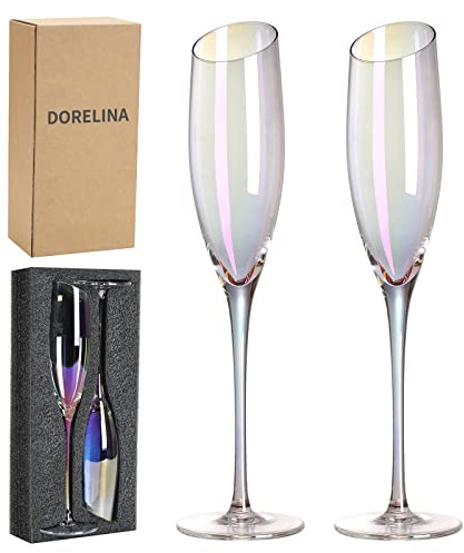DORELINA Champagne Flutes, Slanted Champagne Glasses Set of 2, 100％Lead Free Quality Hand Blown Classy Modern Champagne Flutes, Best Gift for Birthday Wedding and Christmas
