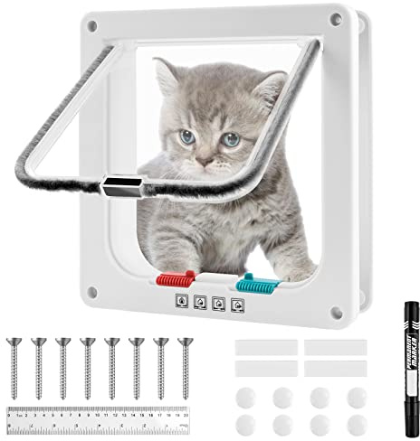 Aila Cat Flap, Pet Safe Cat Flaps with 4 Way Lock, Silent Cat Door Easy Installation Weatherproof Pet Door for Small Cats and Dogs with 1 Marker Pen and Ruler-White(M), 20x5 (AL-1)