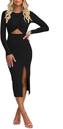 Pink Queen Women's Crew Neck Long Sleeve Midi Dress Cutout Twist Ruched Party Cocktail Bodycon Slit Knit Dresses Black S