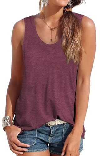 DUOEASE Elegant Camisetas de Tirantes Mujer Cuello Crew Moda Camiseta Sin Mangas Clásico Verano Tshirt-Vino-M