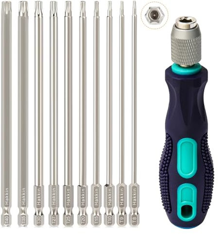 Hakkin 10 Stück T8-T40 150mm Torx Bit Set Lang mit Loch 1/4 Torx Schraubendreher Bitset für Schlagschrauber S2 T15 T20 T25 Sternschraubenzieher mit Griff magnetisch Bitsatz für Akkuschrauber