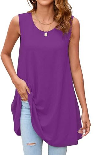 Enmain Purple Tank Tops for Women Ladies Sleeveless Tunic Tops Long Summer Vest for Leggings Solid Color Blouse Loose Casual Round Neck S