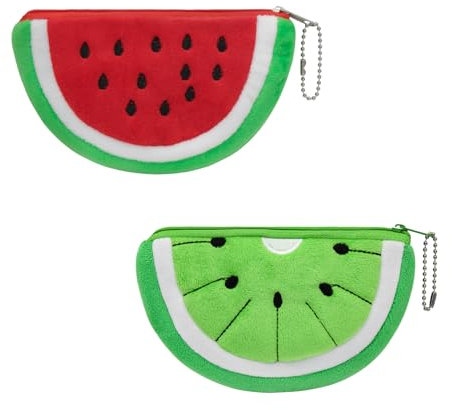 AfitLulu 2Stück Münzbörsen Mini Geldbörse Damen Cartoon Wassermelone Form Plüsch Niedlich Münzbeutel Portemonnaie Damen Klein mit Zipper-Schlüsselanhänger für Frauen und Mädchen (rot+grün)